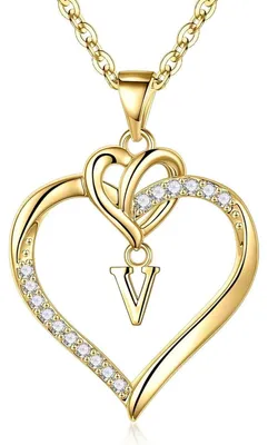 Produktbild von Halskette Herz Anhänger Damen 14K Vergoldet Zirkonia Buchstaben Kette Gold/Silber 45+5 cm