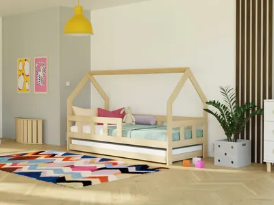Produktbild von Kinderhausbett FENCE 2-in-1 aus Holz mit Barriere und Ausziehbett 90x200 cm Weiß, Mit einem Rausfallschutz rechts
