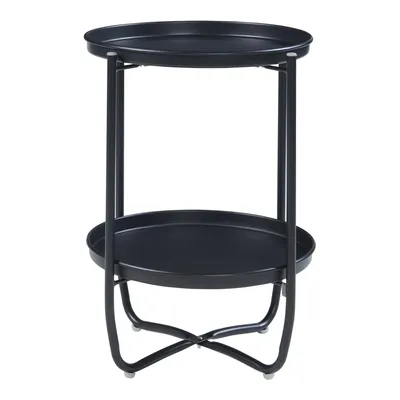 A black, two-tiered side table with a round top and bottom shelf, supported by thin metal legs that cross at the base.