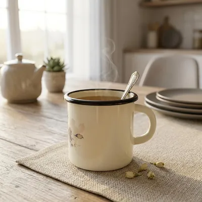 Produktbild von EMALIA RYBNIK Emaillebecher 400 ml Jasmin – Cremefarbene Tasse mit Blumenmuster, KI-generiertes Bild