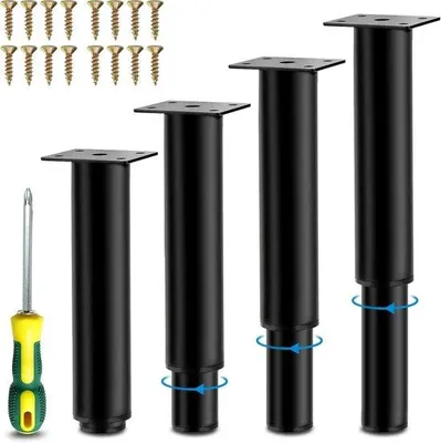 Image de Pieds d'appoint pour lit en acier, lot de 4, hauteur réglable, 33 cm, noir, vis et tournevis inclus