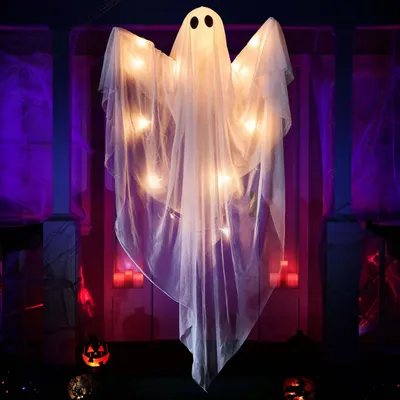 Produktbild von Halloween-Hängegeist, 119 cm, weiß, LED-Beleuchtung, batteriebetrieben, für Innen- und Außenbereich