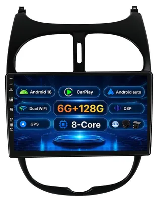 Image de Autoradio 6 Go + 128 Go pour Peugeot 206 | Android 15, GPS, CarPlay, Bluetooth, écran de 9 pouces