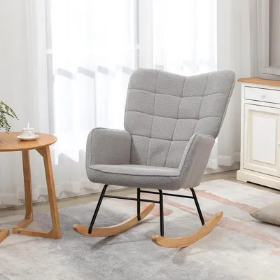 Produktbild von Schaukelstuhl im Retro-Design Berbervlies Massivholz Relaxsessel Freizeitstuhl bis 120 kg 71 x 92 x 101 cm Hellgrau