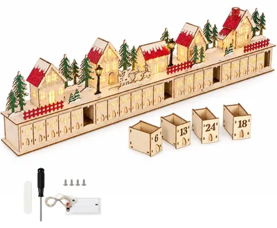 Adventskalender aus Holz, 24 Schubladen, LED-Weihnachtsdorf