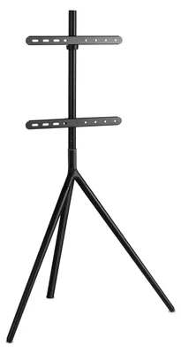 A black tripod TV stand with two horizontal mounting bars.