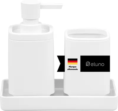 Image de Ensemble d'accessoires de salle de bain eluno VALONA 3 pièces comprenant 1 distributeur de savon, 1 gobelet, 1 coupelle, en plastique blanc