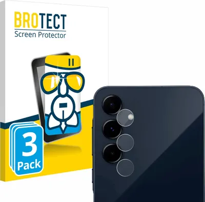 A product shot of a screen protector packaging and a close-up of a phone's camera lenses with the protectors applied.
