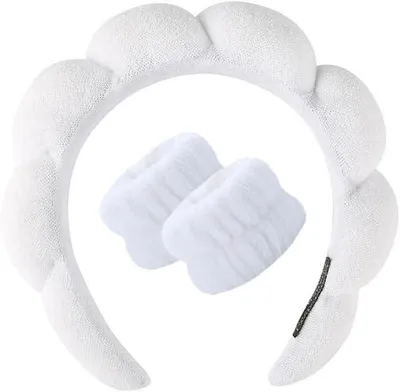 Produktbild von Bubble-Stirnband mit Handgelenkbändern für Damen, flauschiges Frottee-Haaraccessoire, gepolstertes rutschfestes Haarband für Gesichtspflege, Make-up, Hautpflege, Wellness zu Hause und Yoga