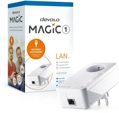 Produktbild von Devolo Magic 1 LAN, 1200 Mbit/s, IEEE 802.1p, IEEE 802.3, IEEE 802.3ab, IEEE 802.3az, IEEE 802.3u, Gigabit Ethernet, 10,100,1000 Mbit/s, 10BASE-T, 100BASE-TX, 1000BASE-T, 64-QAM, 256-QAM, 1024-QAM, 4096-QAM, BPSK, OFDM, QPSK