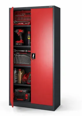 Produktbild von Büroschrank C001 Aktenschrank Lagerschrank Mehrzweckschrank Metallschrank 4 Fachböden Pulverbeschichtung Stahlblech 185 cm x 90 cm x 40 cm, Farbe: Anthrazit/rot