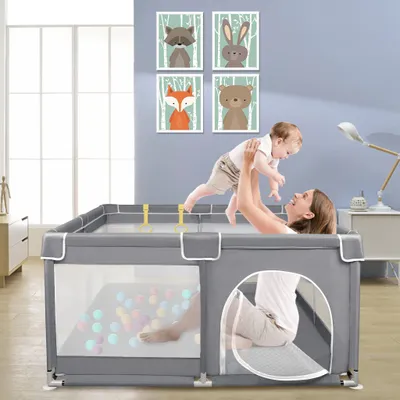 Produktbild von YZNAHRE Laufstall Baby 127x127 cm Laufgitter Bällebad mit 50 Bällen, Atmungsaktivem Netz und 4 Zugringen Baby Playpen Aktivitätszentrum Absperrgitter Schutzgitter, Dunkelgrau