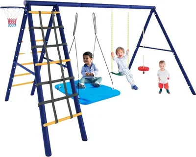 Immagine prodotto di Set altalena da esterno, acciaio ad alta resistenza, 3,2 m x 1,8 m x 2,1 m, supporta 181 kg, diverse possibilità di gioco, conforme agli standard di sicurezza