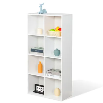Zdjęcie produktu dla Regał na książki, nowoczesny regał MDF z 8 przegrodami i zabezpieczeniem przed przechyleniem, 59,6 x 29 x 121 cm, biała półka, California