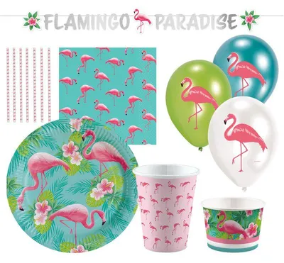 Produktbild von Amscan Flamingo Partyset, 63-teiliges Partyzubehör für Kindergeburtstage