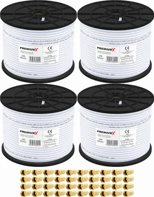 Produktbild von PremiumX 4x 100m BASIC Koaxialkabel 135dB 4-fach SAT Koax Kabel 40x F-Stecker