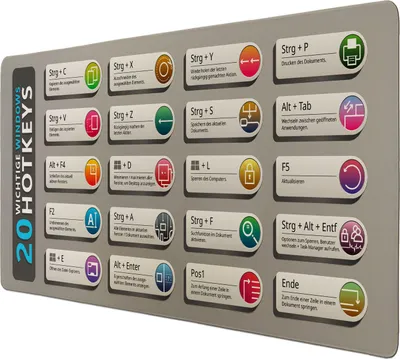 Produktbild von Windows Hotkeys Schreibtischunterlage 89x40cm XXL Mauspad - 20 Wichtige Hotkeys