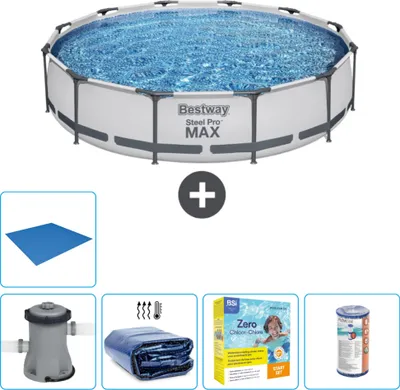 Produktbild von Bestway Round Steel Pro MAX Schwimmbad – 366 x 76 cm – Grau – inklusive Pumpe Sonnensegel - Wartungspaket - Filter - Bodenplane