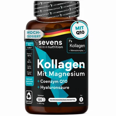 Produktbild von Kollagen Kapseln Hochdosiert – Premium Kollagen Hydrolysat Komplex mit Hyaluronsäure, Q10, Magnesium & Vitaminen A, C, D3, B12 + Zink – Labor