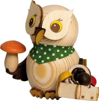 Produktbild von Drechslerei Kuhnert - Mini-Eulen aus Holz - Pilzsucher - ca. 7 cm groß - als Dekoration oder Geschenk geeignet