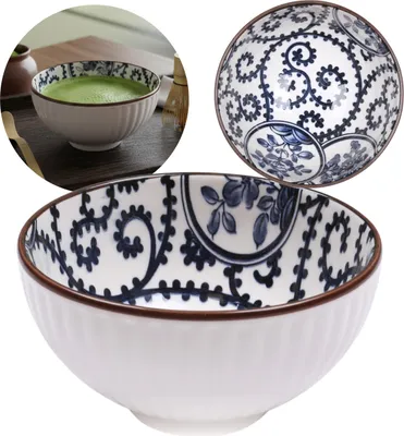 Obrázek produktu pro Japonská keramická miska Chawan na přípravu čaje matcha – modré ornamenty 280 ml