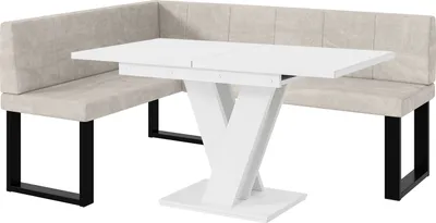 Produktbild von MEBLINI Eckbank für Esszimmer mit ausziehbarem Tisch  - Küchenbank - Essecke - Sitzecke Küche - PETER - U-Beine 128x168x87cm Links - Beige Samt/M Weiß Matt