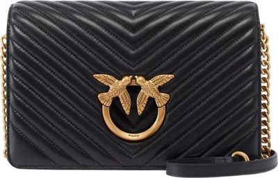 Produktbild von PINKO Leder Umhängetasche Schultertasche Love Click Classic Sheep Nappa Chevron Nero - Antique Gold schwarz