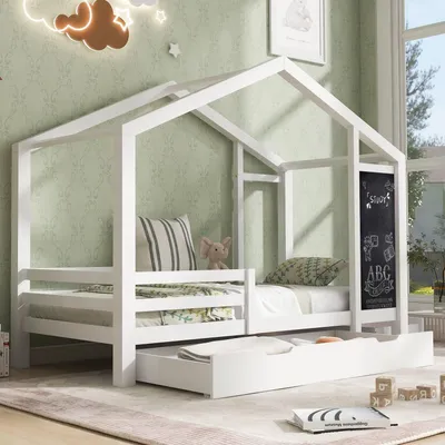 Immagine prodotto di Letto per bambini a casetta, dimensioni 90x200 cm, con 2 cassetti e sponde di sicurezza, in legno massello, colore bianco