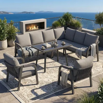 Produktbild von Garten-Essgruppe für bis zu 8 Personen – Ecksofa, Esstisch & 2 Sessel, geflochtene Arm- & Rückenlehnen, verzinkte Stahlrohre, Terrassenmöbel-Set, Grau