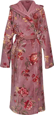A full-length shot of a floral patterned bathrobe.