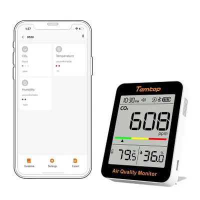 Obrázok produktu pre Inteligentný merač CO2 Temtop C1+, 3-v-1 merač kvality vzduchu s Bluetooth a aplikáciou, senzor NDIR na meranie oxidu uhličitého, teploty a vlhkosti, možnosť exportu dát do formátu Excel