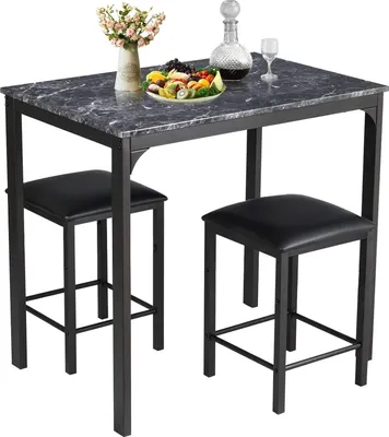 A three-piece dining set with a marble-patterned table and two black bar stools, set against a white background.
