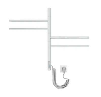 A white electric towel rack with four folding arms, a control panel, and a coiled power cord plugged into a wall socket.