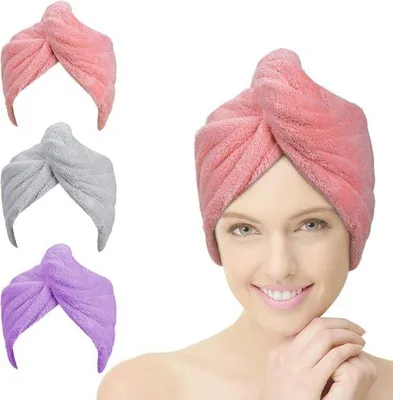 Produktbild von Famanu Haarturban-Set, 3 Stück, weiche Mikrofaser, schnelltrocknend für Damen mit langem oder lockigem Haar – Rosa/Grau