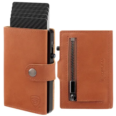 Produktbild von Echt Leder Geldbörse Herren mit RFID Schutz mit Münzfach + Aluminium Kartenetui Automatisch Pop Up Kreditkartenetui Hellbraun / KORUMA®