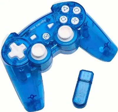 A blue transparent gamepad and a USB dongle on a white background.