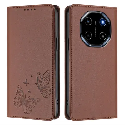 Image de Étui en cuir pour Blackview Shark 6 / Oscal Tiger 8, motif papillon, étui portefeuille à rabat avec support, marron