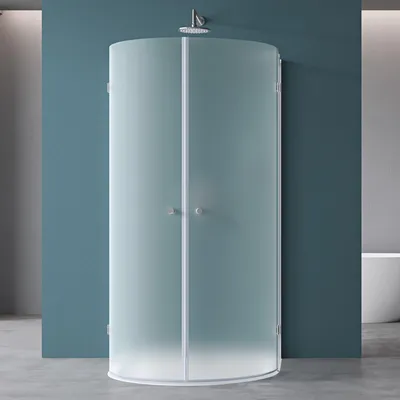 A modern bathroom with a frosted glass shower enclosure.