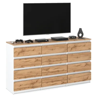 Produktbild von STIV Möbel | Kommode mit 12 Schubladen (8+4) | Weiß Matt / Eiche Wotan | 180 cm | modern & grifflos | Schlafzimmer & Wohnzimmer