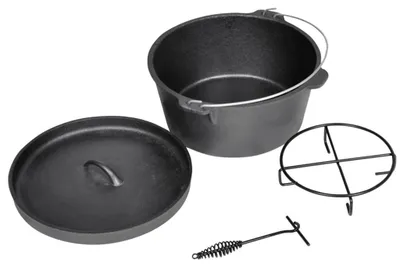 Produktbild von Zimilo Dutch Oven 9QT Gusseisen, 8,8L, mit Deckelheber, Ständer, Transporttasche, voreingebrannt, BBQ Feuertopf