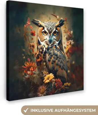 Produktbild von MuchoWow® - Leinwandbilder - Eule - Vogel - Blumen - Botanisch, Wandbild, Wanddeko Bilder Wohnzimmer, 50x50 cm