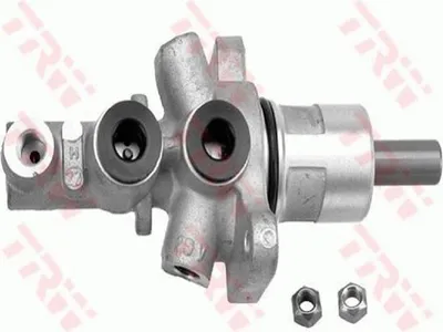 A close-up studio shot of a metal brake master cylinder with a white background.