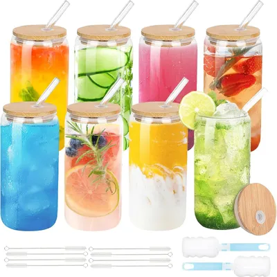 Produktbild von Bambusdeckel für Glastrinkbecher 450 ml Eiskaffeetassen-Tumbler Klarglasbecher Ideal für Cocktail Whisky Tee Cola Saft Limonade Geschenkset (8 Stück)