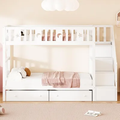 Produktbild von Massivholz-Etagenbett mit Sicherheitstreppe, Stauraumtreppe, zwei großen Schubladen und Lattenrost, weiß Kinderbett , 90*200 cm