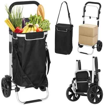 Productafbeelding van Opvouwbare 3-in-1 boodschappenwagen met een inhoud van 40 liter, een draagvermogen tot 25 kg en een koelvak, zwart.