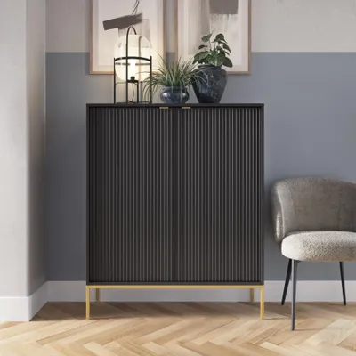Produktbild von Schwarze Moderne Geriffelte Hochkommode KIOTO KW2D Gold Gestell Schrank Highboard