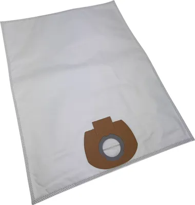 A white vacuum cleaner bag with a brown cardboard attachment for the vacuum cleaner hose.