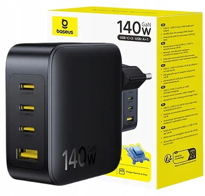 Produktbild von Baseus Schnellladegerät mit Netzanschluss, 3x USB-A und USB-C, GaN-Technologie, Schnellladung, 140 W