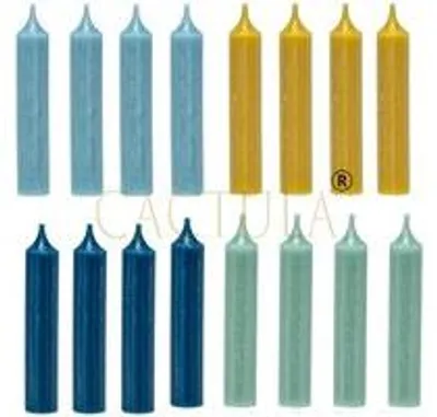 Cactula kurze Stabkerzen – Ockergelb Hellblau Jadegrün Dunkelblau – 16 Stück – 12 cm