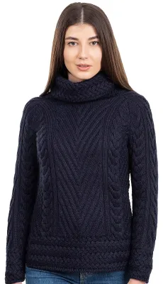 Productafbeelding van SAOL Dames trui met ronde hals en een gebreid Iers kabelpatroon, marineblauw, maat XX-L
